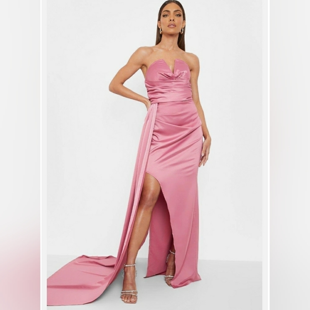 BOOHOO Pink Satin Evening Gown